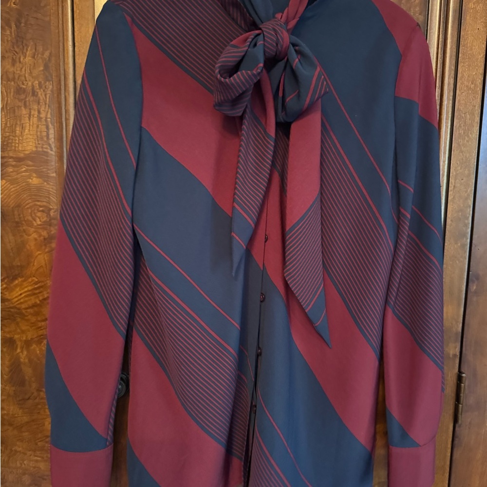 Tory Burch Navy and Burgundy Striped Tie-Neck Blouse